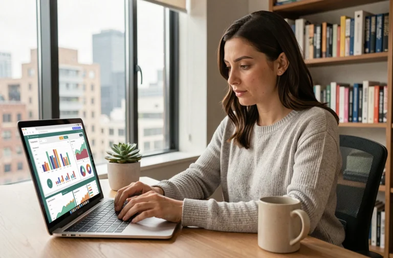 Femme professionnelle consultant des tendances web 2024 sur un ordinateur portable dans un bureau moderne