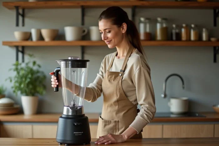 Femme utilisant un blender puissant dans une cuisine maison décorée avec des étagères en bois