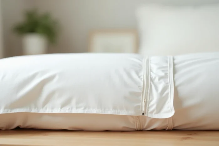 Fermeture à glissière sur une housse de couette en coton blanc, détail du zip et des coutures sur une table en bois