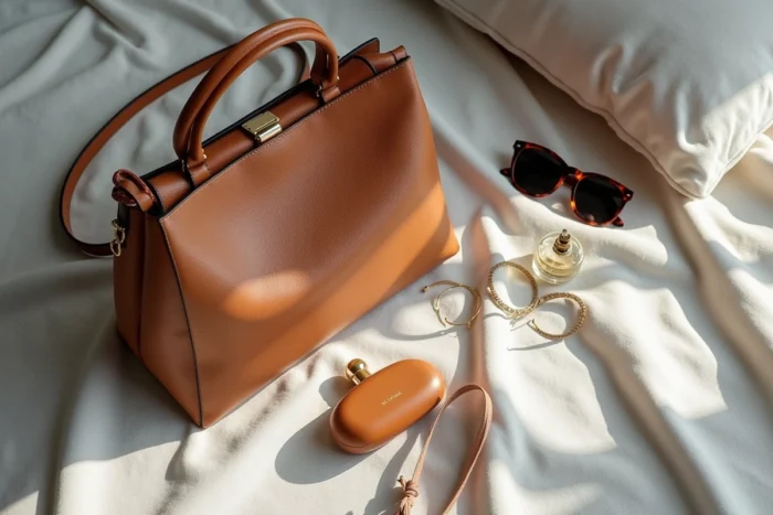 Flat lay d'accessoires féminins essentiels incluant un sac en cuir tan, des boucles d'oreilles dorées, des lunettes de soleil et un foulard en soie sur une surface en lin gris, idéal pour sublimer son style quotidien