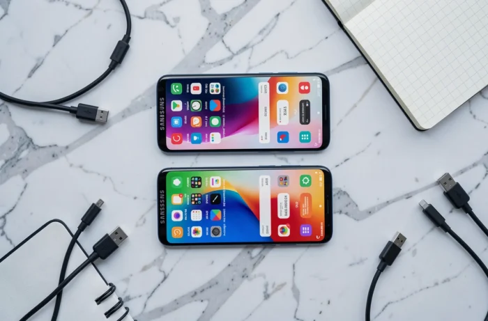 Vue aérienne de deux smartphones Samsung Galaxy A et S posés sur une surface en marbre blanc avec des accessoires tech