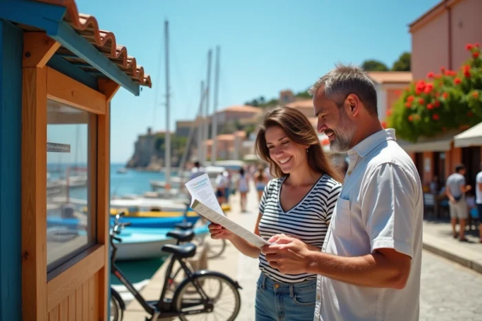 Couple consultant un forfait bateau-vélo à un kiosque du port de Porquerolles