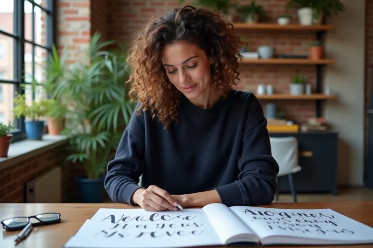 Femme designer graphique analysant des maquettes imprimées dans un studio créatif moderne avec carnets de croquis et typographies