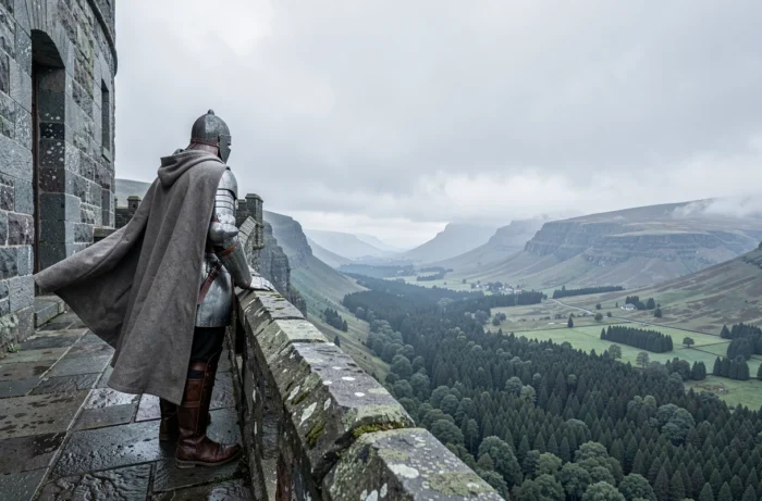 Garde solitaire en armure médiévale debout sur un parapet de château en pierre face à un paysage de vallée boisée sous un ciel nuageux