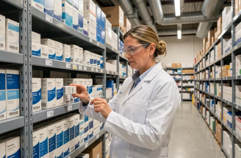 Spécialiste logistique pharmaceutique scannant des médicaments dans un entrepôt moderne équipé de rayonnages industriels