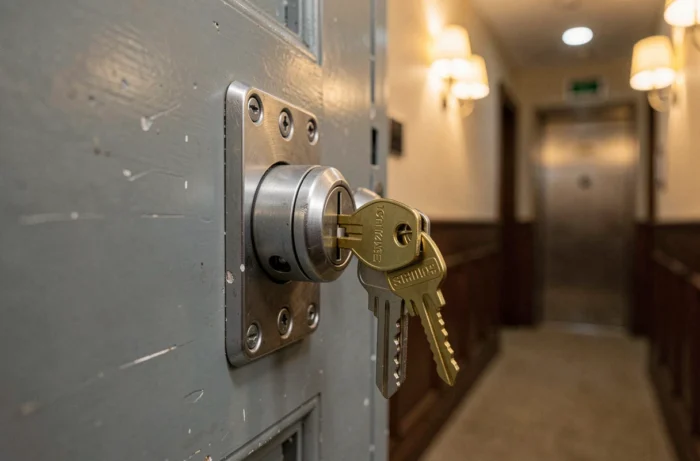 Primo piano su un cilindro di serratura rinforzata con chiavi in ottone su una porta di edificio urbano sicura