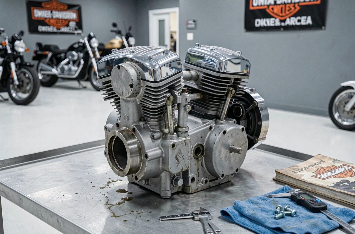 Gros plan sur le moteur Twin Cam 103 d'une Harley-Davidson posé sur un établi de concession