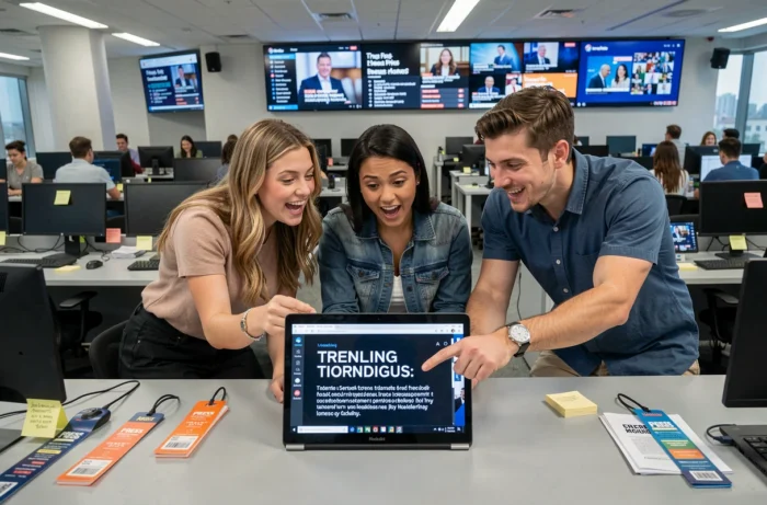 Groupe de jeunes professionnels analysant des tendances médiatiques dans une salle de rédaction
