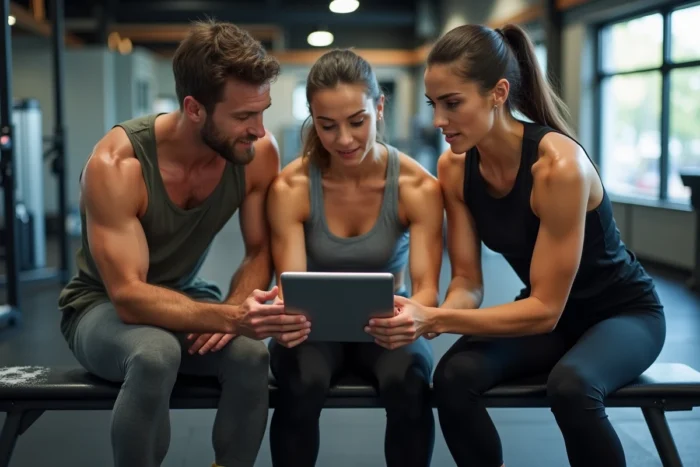Groupe de sportifs consultant ensemble un tutoriel d'exercice en ligne sur tablette dans une salle de sport moderne