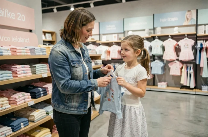 Mère et enfant choisissant un vêtement IKKS dans un rayon enfants, guide des tailles pour fille