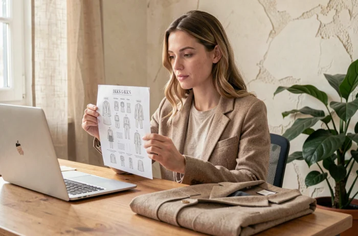 Femme consultant un guide des tailles IKKS sur papier et ordinateur portable à son bureau à domicile