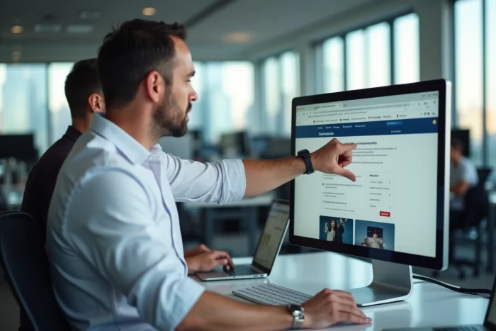 Homme en bureau expliquant un changement d'adresse de site web à un collègue devant un grand écran d'ordinateur