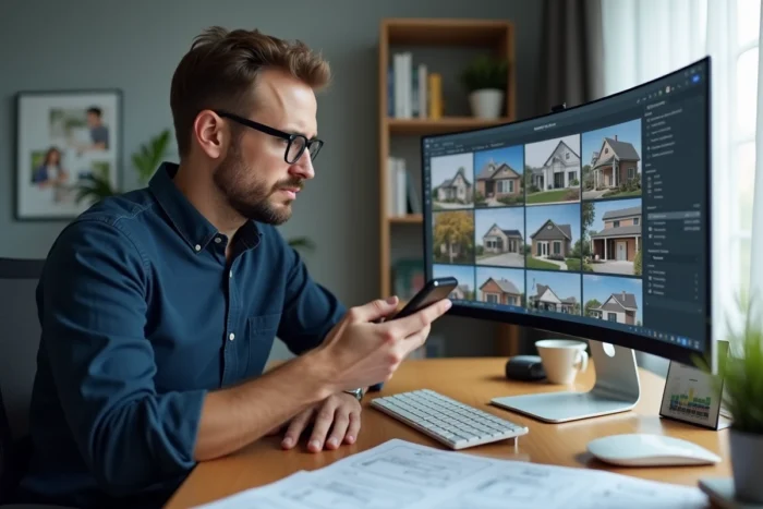 Homme comparant des annonces immobilières de location sur ordinateur et smartphone dans un bureau à domicile