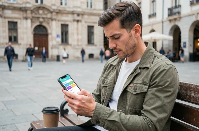 Jeune homme comparant des offres de crédit sur smartphone en ville pour choisir le prêt adapté à ses besoins