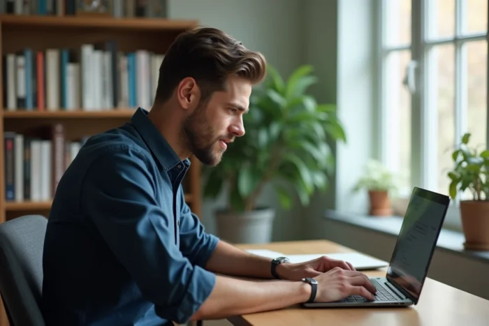 Homme consultant un nouveau site web sur son ordinateur portable dans un bureau à domicile moderne en 2026