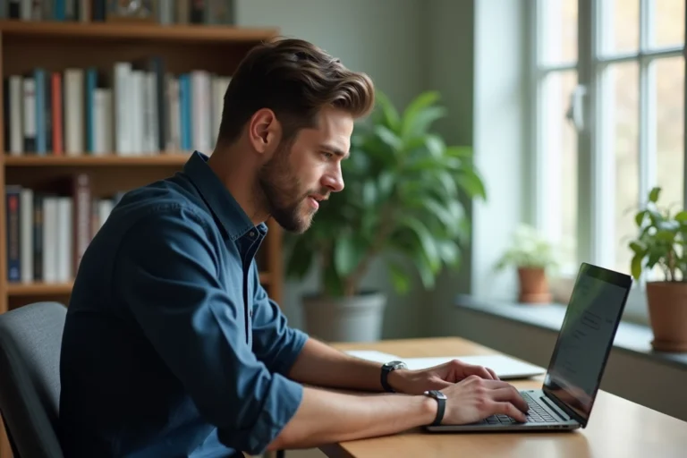 Homme consultant un nouveau site web sur son ordinateur portable dans un bureau à domicile moderne en 2026
