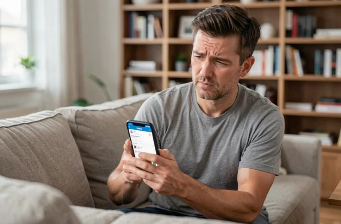Homme consultant des avis en ligne sur smartphone pour se faire une opinion sur la fiabilité d'une plateforme