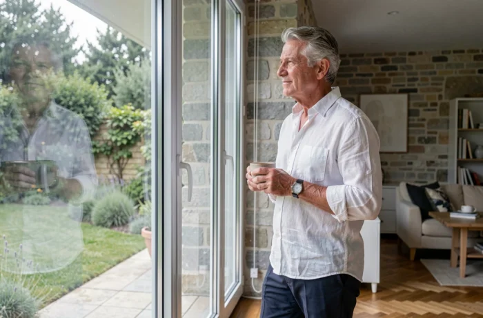 Homme distingué aux cheveux grisonnants contemplant un jardin depuis la fenêtre de sa maison, symbolisant l'intimité et la vie privée