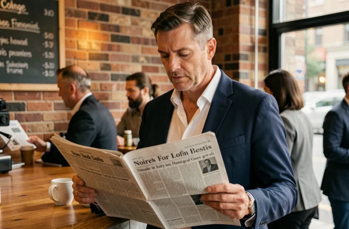 Homme d'affaires lisant un journal dans un café animé en ville