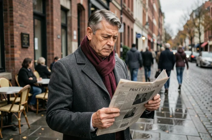 Homme lisant un journal dans une rue animée de la ville en automne