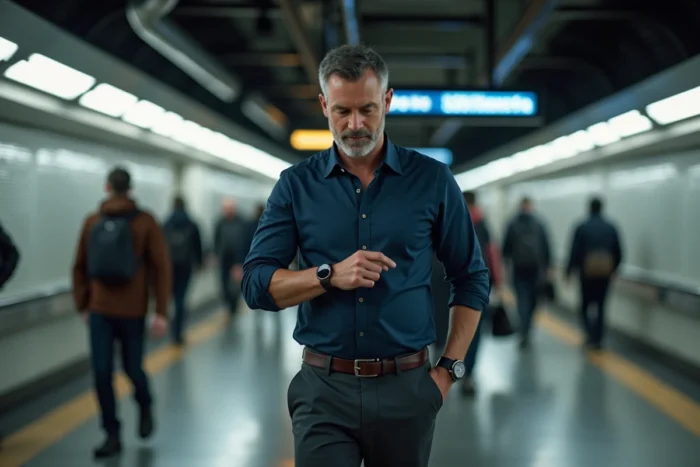 Homme consultant sa montre connectée dans une station de métro urbaine, symbole de la technologie portable en 2024