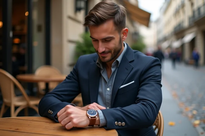Homme élégant en blazer marine ajustant sa montre en cuir à la terrasse d'un café parisien en automne, mettant en valeur les accessoires essentiels du style masculin au quotidien