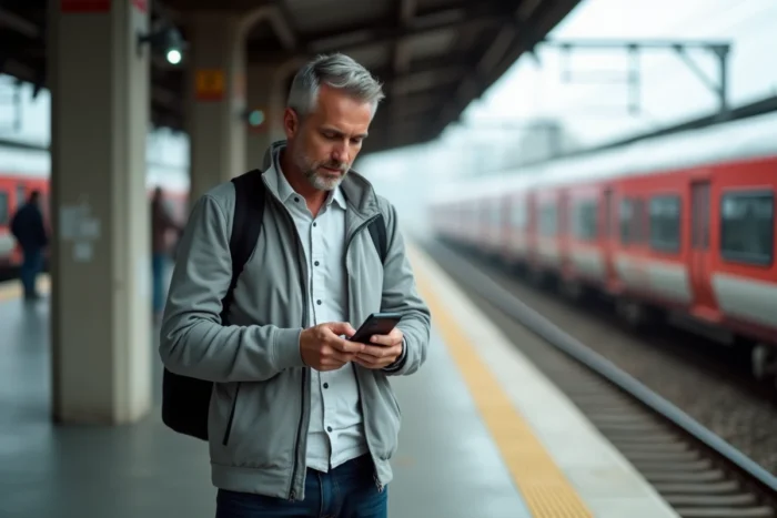 Homme cherchant le numéro Ouigo sur son téléphone sur un quai de gare