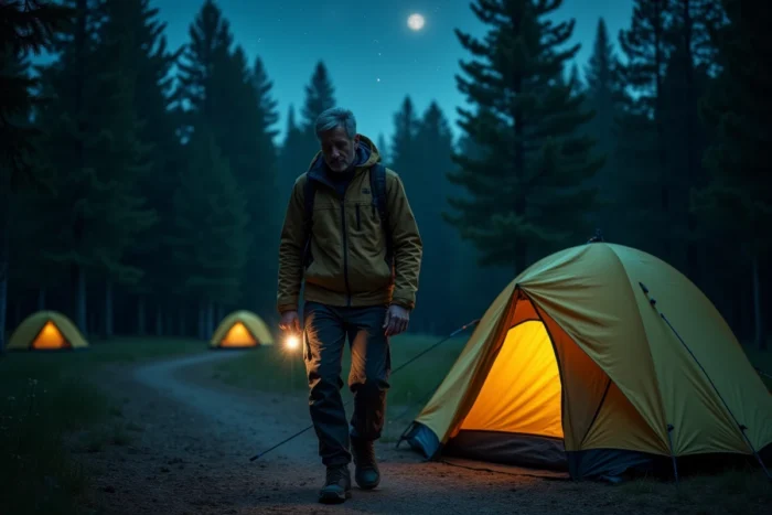 Homme sortant de sa tente de camping la nuit avec une lampe torche pour aller aux toilettes