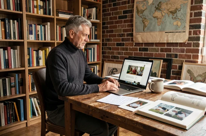 Uomo che consulta un sito culturale sul suo computer portatile in uno studio creativo con libri d'arte e appunti manoscritti