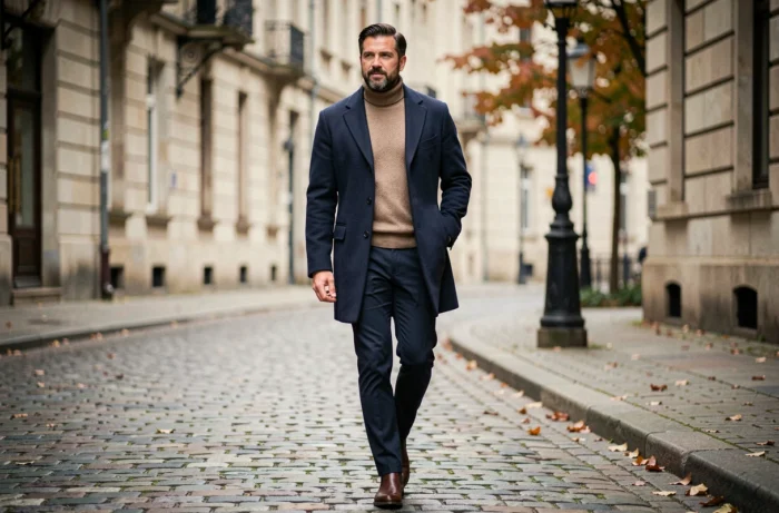 Homme stylé en manteau marine marchant dans une rue pavée européenne, tenue masculine élégante en automne