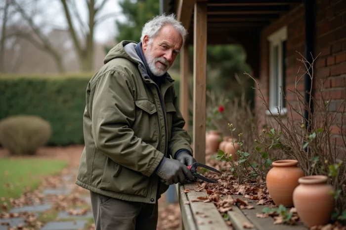 Homme taillant des rosiers en automne dans un jardin structuré avec pergola en bois