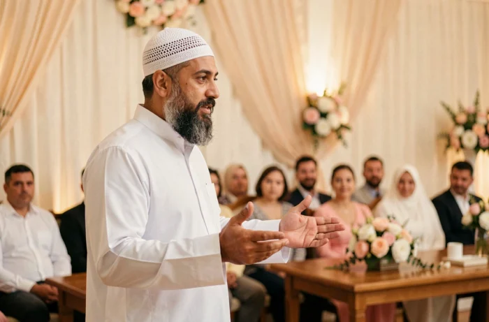 Imam musulman célébrant un mariage halal devant une assemblée de famille dans une salle décorée