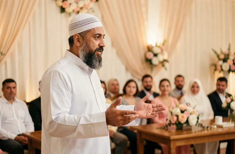 Imam musulman célébrant un mariage halal devant une assemblée de famille dans une salle décorée