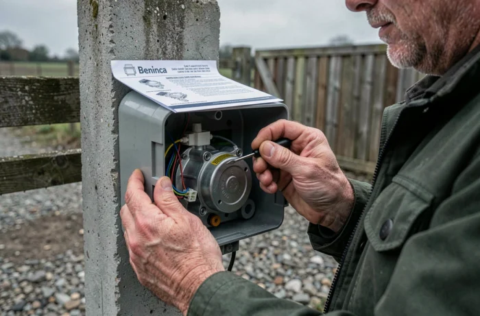 Gros plan sur les mains d'un homme inspectant le boîtier de commande d'un moteur de portail Beninca ouvert avec un tournevis et une notice technique