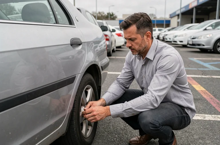 Homme inspectant une voiture d'occasion dans un parking de concessionnaire automobile