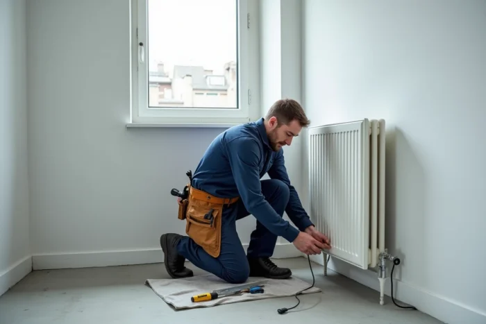 Électricien professionnel installant un radiateur en fonte électrique dans une chambre en cours de rénovation