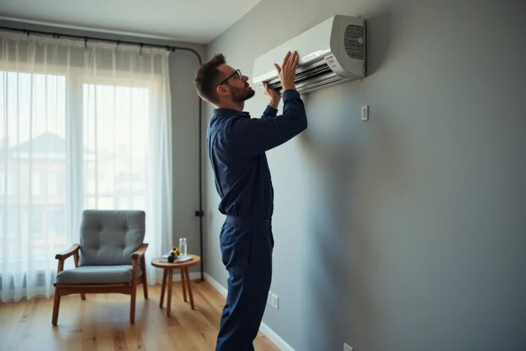 Technicien HVAC installant une unité intérieure de climatisation murale dans un salon moderne avec perceuse sans fil
