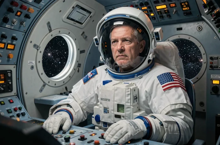Astronaute d'âge mûr en combinaison spatiale blanche assis dans le cockpit exigu d'un vaisseau avec hublots donnant sur l'espace étoilé, expression pensive