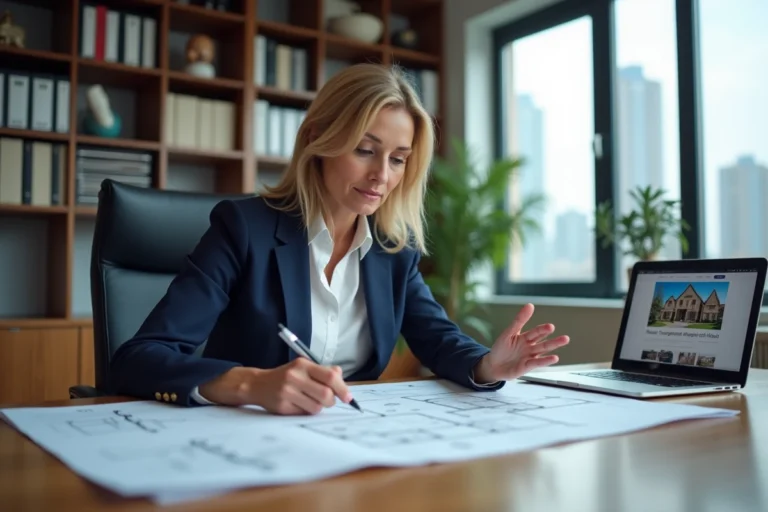 Femme professionnelle de l'immobilier analysant des plans et documents de projet immobilier dans un bureau moderne