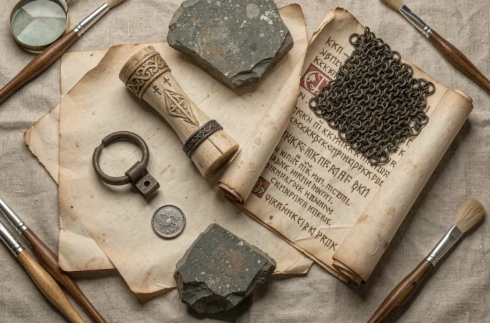 Composition archéologique d'artefacts vikings authentiques incluant runes, anneaux et manuscrits évoquant l'histoire d'Ivar le Désossé