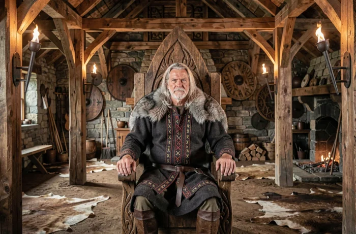 Chef viking assis sur un trône en bois sculpté dans une longhouse nordique médiévale, illustration de la légende d'Ivar le Désossé