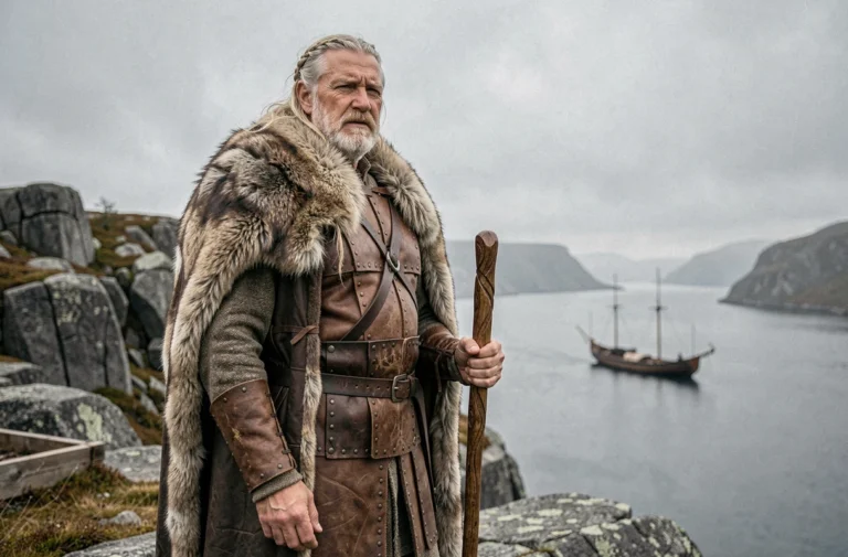 Portrait d'un guerrier viking imposant sur une falaise nordique brumeuse, évoquant Ivar le Désossé chef légendaire des Vikings