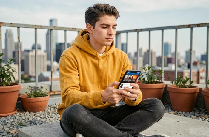 Jeune adulte consultant l'actualité et les tendances du web 2024 sur smartphone en terrasse urbaine