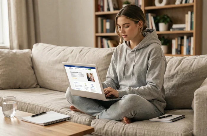 Jeune femme recherchant des informations santé fiables sur son ordinateur portable chez elle