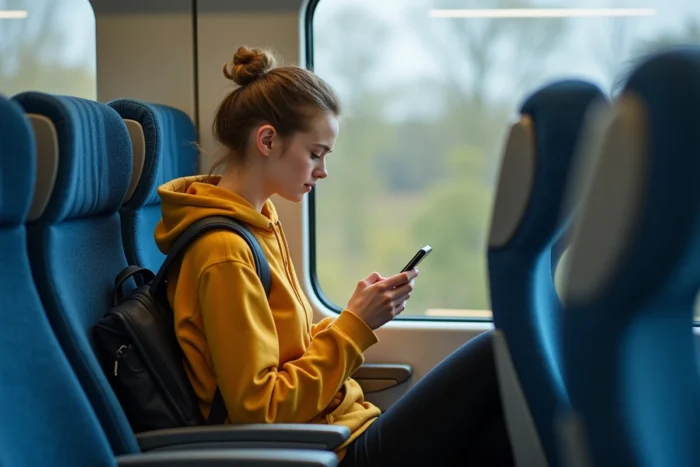 Jeune femme contactant le service client Ouigo depuis l'intérieur d'un train