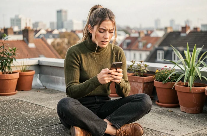 Jeune femme consultant son smartphone sur une terrasse urbaine entourée de plantes, découvrant les dernières actualités