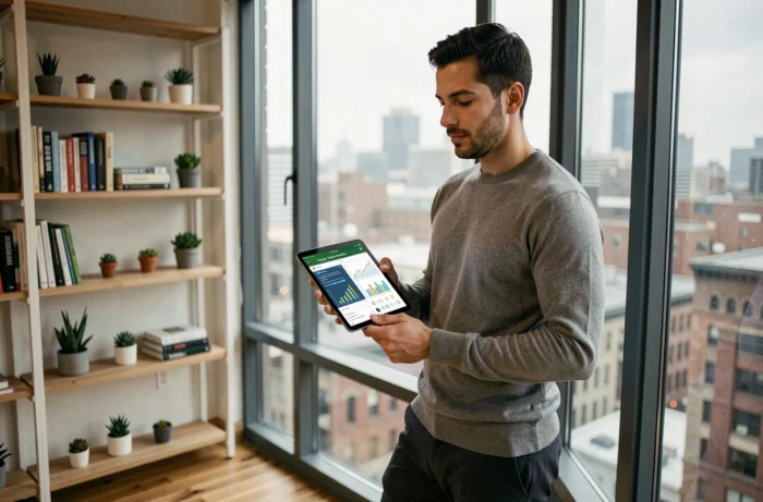 Jeune professionnel consultant les tendances du webmarketing sur une tablette près d'une grande fenêtre de bureau