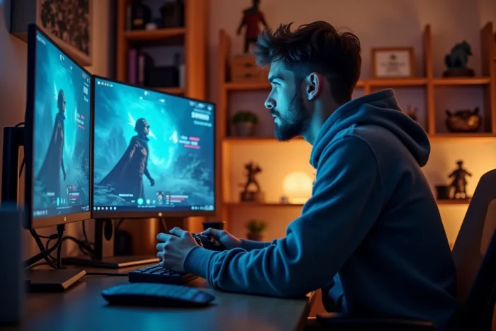 Joueur concentré assis devant un écran de jeu Aeonscope avec manette en main dans une configuration gaming réaliste