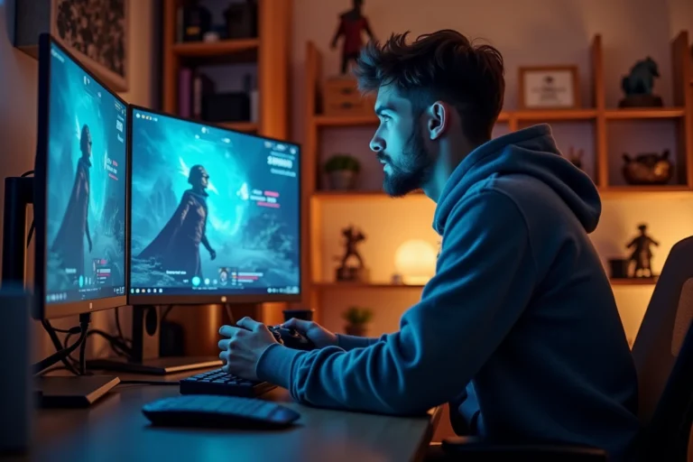 Joueur concentré assis devant un écran de jeu Aeonscope avec manette en main dans une configuration gaming réaliste