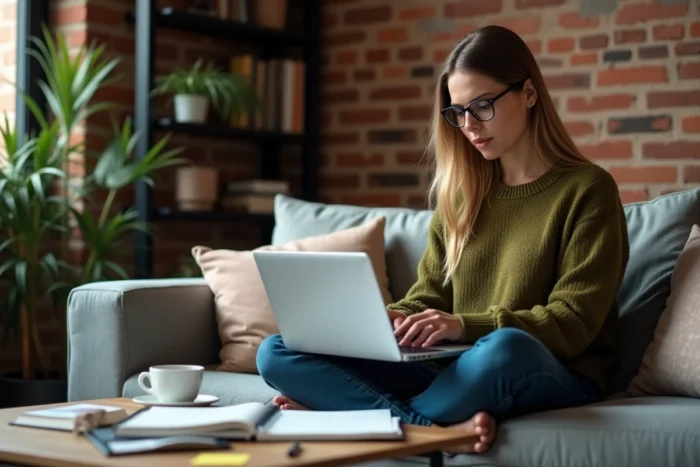 Joueuse prenant des notes de stratégie pour progresser sur Aeonscope depuis son canapé avec un ordinateur portable